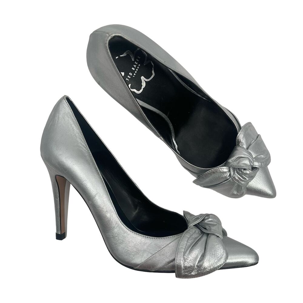 TED BAKER Ryal Heels Size 39 (US Size 9) Pump Silver Bow Metallic Feminine Bride